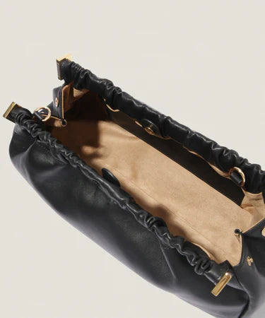 Gathered Black Leather Clutch Bag with Gold Hardware & Shoulder Strap for Everyday Matches