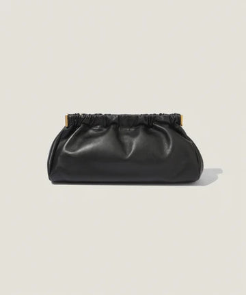Gathered Black Leather Clutch Bag with Gold Hardware & Shoulder Strap for Everyday Matches