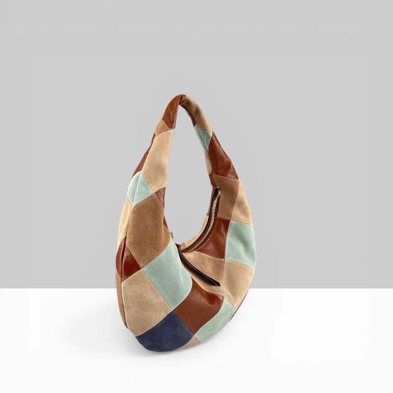 Color Block Patchwork Leather Hobo Bag with Zipper Tassel for Casual Daily Matching