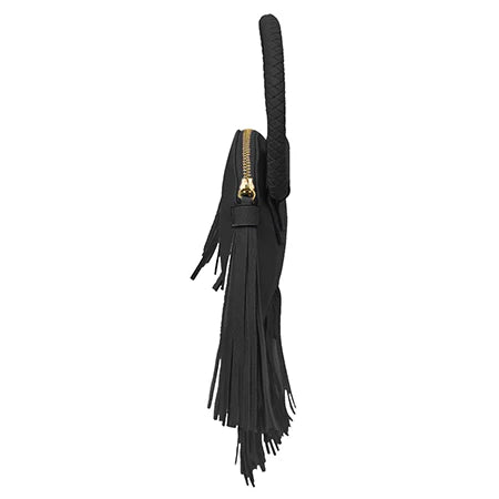 Fringe Black Leather Bag with Braided Ring Wrist Handle