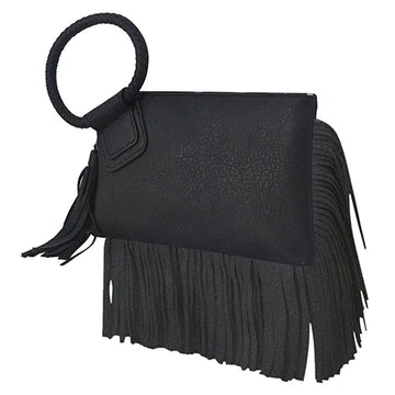Fringe Black Leather Bag with Braided Ring Wrist Handle