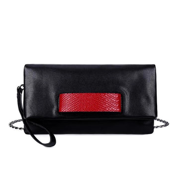 Contrast Red Detail Black Leather Clutch Bag with Chain for Daily Outfits