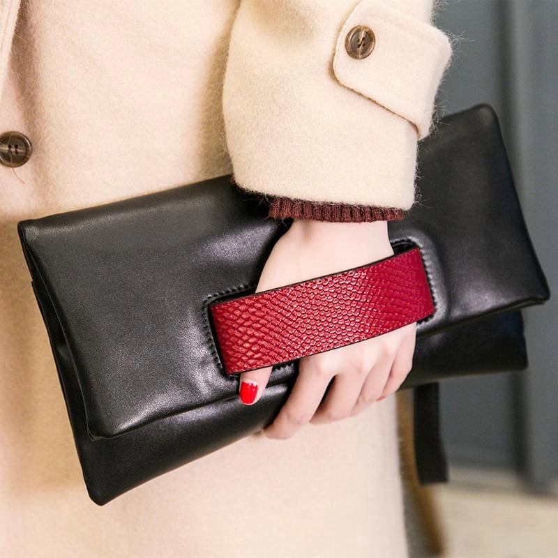 Contrast Red Detail Black Leather Clutch Bag with Chain for Daily Outfits