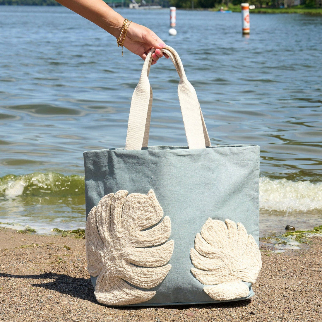 Dusty Blue Leather Beach Tote, Leaf Applique Multi-Pocket Daily Shoulder Bag
