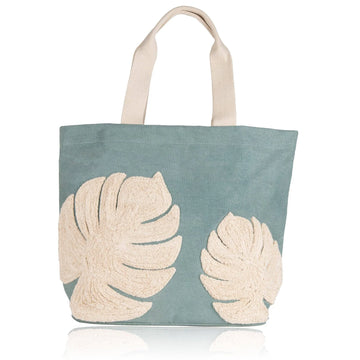 Dusty Blue Leather Beach Tote, Leaf Applique Multi-Pocket Daily Shoulder Bag