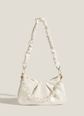 Soft Hues Cloud Ruched Leather Bag with Pearl Chain Accent for Daily Chic