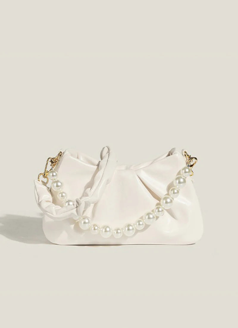 Soft Hues Cloud Ruched Leather Bag with Pearl Chain Accent for Daily Chic