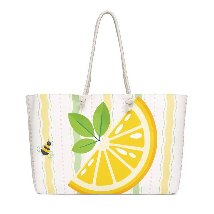 White Lemon Print Tote Bag, Rope Handle Summer Accessory