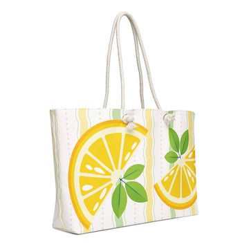 White Lemon Print Tote Bag, Rope Handle Summer Accessory